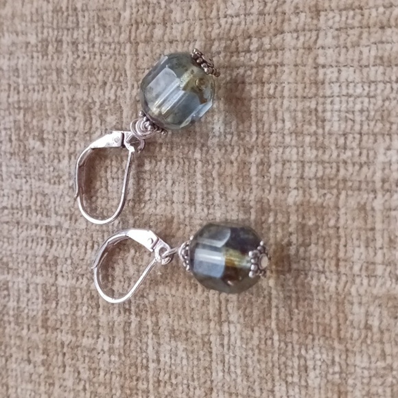 Silver Leverback Beveled Denim Brown Glass Beaded Dangle Earrings - Picture 7 of 12
